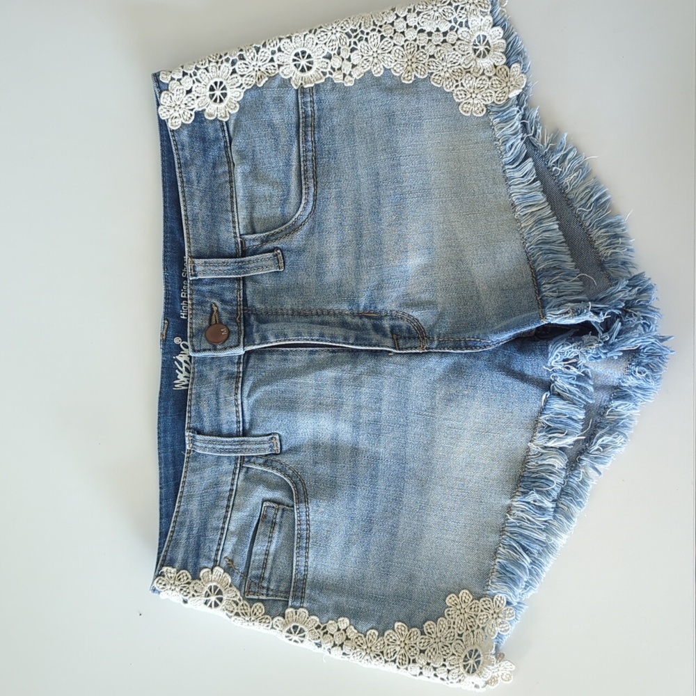 Mossimo lace side fringe jean shortsHollister look alike crochet side high waist